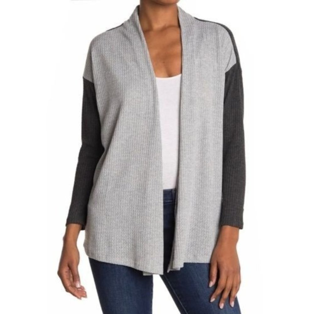 Bobeau Colorblock Waffle Knit Thermal Open Cardigan